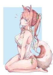 Rule 34 | 1girl, ahoge, animal ears, bare arms, bare legs, bare shoulders, barefoot, bikini, blue background, blue eyes, blush, breasts, cleavage, collarbone, commentary request, copyright request, criss-cross halter, green scrunchie, hair between eyes, hair ornament, hair scrunchie, hakuya (white night), halterneck, highres, long hair, looking at viewer, looking to the side, medium breasts, parted lips, pink hair, ponytail, scrunchie, see-through, side-tie bikini bottom, sitting, solo, swimsuit, tail, tail raised, tank top, two-tone background, wariza, white background, white bikini, white tank top