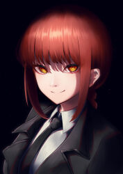 Rule 34 | 1girl, absurdres, black background, black jacket, black necktie, blunt bangs, braid, braided ponytail, breasts, chainsaw man, close-up, closed mouth, collared shirt, commentary, dark, dress shirt, formal, highres, jacket, kitsutsuki tsuki, long hair, looking at viewer, makima (chainsaw man), medium breasts, necktie, portrait, red hair, ringed eyes, shaded face, shadow, shirt, sidelocks, simple background, single braid, smile, solo, suit, suit jacket, white shirt, yellow eyes