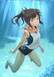 Rule 34 | 10s, 1girl, absurdres, bare shoulders, barefoot, blush, brown eyes, brown hair, bubble, highres, i-401 (kancolle), kantai collection, light rays, looking at viewer, one-piece swimsuit, ponytail, sailor collar, school swimsuit, school uniform, short hair, short ponytail, solo, sunbeam, sunlight, swimsuit, swimsuit under clothes, tan, underwater, wa (genryusui), water