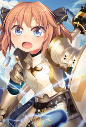 Rule 34 | 1girl, ammunition, armor, blue eyes, blush, brown hair, cosplay, fate/grand order, fate (series), gareth (fate), gareth (fate) (cosplay), gauntlets, hachijou (kancolle), highres, kantai collection, lance, open mouth, polearm, shield, short hair, solo, upper body, weapon, yasume yukito