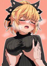 Rule 34 | 1girl, absurdres, alternate costume, black bow, black sweater, blonde hair, blush, bow, breasts, closed eyes, commentary request, fuuzasa, grabbing, grabbing another&#039;s breast, groping, hair bow, heavy breathing, highres, kurodani yamame, large breasts, open mouth, pink background, polka dot, polka dot background, ponytail, pov, pov hands, ribbed sweater, short hair, solo, sweater, touhou, turtleneck, turtleneck sweater