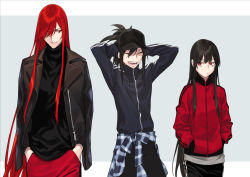 Rule 34 | 1boy, 2girls, arms behind head, black hair, clothes around waist, contemporary, dual persona, fate/grand order, fate (series), grey background, hair over one eye, hands in pockets, hat, jacket, long hair, multiple girls, nakuta, oda kippoushi (fate), oda nobunaga (fate), oda nobunaga (fate), oda nobunaga (koha-ace), oda nobunaga (maou avenger) (fate), ponytail, red eyes, red hair, track jacket, two-tone background