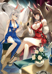 Rule 34 | 2girls, absurdres, akagi (azur lane), akagi (ruby-laced beauty) (azur lane), akagi (ruby-laced beauty) (azur lane), alternate costume, animal ear fluff, animal ears, ashtray, azur lane, bare shoulders, black choker, black gloves, black hair, blue dress, blue eyes, blunt bangs, blush, breasts, champagne flute, choker, cleavage, closed mouth, collarbone, crossed legs, cup, dress, drinking glass, eyeliner, feather boa, fingerless gloves, flower, fox ears, fox girl, fox tail, gloves, gold footwear, hair ornament, half-closed eyes, halterneck, hand up, high heels, highres, holding, holding cup, invisible chair, jewelry, kaga (azur lane), kaga (exalted white wings) (azur lane), kitsune, kyuubi, large breasts, large tail, long hair, looking at viewer, makeup, multiple girls, multiple tails, no bra, no panties, o-ring, pelvic curtain, red dress, red eyes, revealing clothes, rose, short hair, side slit, sitting, sleeveless, sleeveless dress, smile, table, tail, teltelhousi, thighs, toeless footwear, tongue, tongue out, twitter username, vase, very long hair, white flower, white hair, white rose
