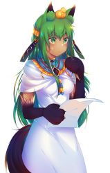 Rule 34 | 1girl, :&lt;, animal ears, animal hands, anubis (monster girl encyclopedia), blush, commentary request, commission, dark-skinned female, dark skin, egyptian clothes, eyes visible through hair, green eyes, green hair, hair ornament, highres, holding, holding paper, jackal ears, jackal tail, jewelry, long hair, looking away, monster girl, monster girl encyclopedia, paper, robe, snake hair ornament, solo, sweatdrop, tail, transparent background, very long hair, white robe, xionfes
