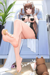 Rule 34 | 1girl, :o, ahoge, animal ears, bare legs, barefoot, between toes, black bow, black bowtie, black dress, blunt bangs, bow, bowtie, brown hair, camera, carpet, collared dress, commission, cookie, couch, drawing, dress, easel, elbow gloves, eoe, feet, flower, food, foot focus, foot up, from below, full body, gloves, hair flower, hair ornament, hair spread out, hand in own hair, hand up, heart pasties, highres, holding, holding camera, holding cookie, holding food, holding with feet, indoors, kemonomimi mode, long hair, looking at viewer, on couch, palette (object), pasties, plant, potted plant, qing wu, raccoon ears, red eyes, red panda, sample watermark, short dress, sitting, sleeveless, sleeveless dress, solo, two-tone dress, underbust, virtual youtuber, wan&#039;er (eoe), watermark, white dress, white flower, white gloves