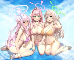 Rule 34 | 3girls, absurdres, alternate costume, ass, beach, bikini, blue archive, blue sky, blush, bracelet, breasts, cleavage, cloud, cloudy sky, commission, day, front-tie bikini top, front-tie top, green eyes, halo, halterneck, hanako (blue archive), highres, ichihachiyon, jewelry, large breasts, long hair, looking at viewer, mika (blue archive), multiple girls, navel, nonomi (blue archive), nonomi (swimsuit) (blue archive), official alternate costume, open mouth, outdoors, pink bikini, pink hair, pixiv commission, sandals, side-tie bikini bottom, sitting, sky, smile, string bikini, swimsuit, wariza, yellow bikini