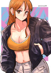 Rule 34 | 1girl, alternate costume, aosora2823, asymmetrical hair, black jacket, blush, bra, breasts, cleavage, closed mouth, commentary, contemporary, cowboy shot, double-parted bangs, earrings, eyelashes, hand in pocket, highres, jacket, jewelry, large breasts, long hair, looking at viewer, nami (one piece), nami (one piece) (post-timeskip), navel, one piece, open clothes, open jacket, orange bra, orange eyes, orange hair, pants, solo, sports bra, standing, stomach, twitter username, underwear, white pants