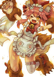 Rule 34 | 1girl, :d, animal collar, animal ear fluff, animal ears, animal feet, animal hands, apron, bell, bow, breasts, cat hair ornament, cat paws, claws, collar, commentary request, fangs, fate/grand order, fate (series), fox ears, fox girl, fox tail, frilled apron, frilled thighhighs, frills, hair between eyes, hair bow, hair ornament, hand up, highres, jingle bell, jumping, kusama takato, large breasts, looking at viewer, naked apron, neck bell, one eye closed, open mouth, outstretched arms, paw print, pink hair, ponytail, red bow, red collar, ringed eyes, sideboob, sidelocks, single thighhigh, slit pupils, smile, solo, tail, tamamo (fate), tamamo cat (fate), tamamo cat (third ascension) (fate), thighhighs, tongue, white background, white thighhighs, yellow eyes