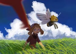 Rule 34 | 1girl, bandana, blue eyes, blurry, brown hair, cloud, collared shirt, commentary request, creatures (company), flying, game freak, gen 3 pokemon, grass, latias, legendary pokemon, looking to the side, may (pokemon), medium hair, ninjask, nintendo, open mouth, outdoors, pokemon, pokemon (creature), pokemon rse, popcorn 91, shirt, short sleeves, sky, standing, teeth, tongue, walking