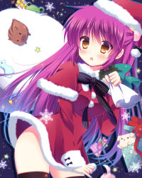 Rule 34 | 1girl, air (visual novel), black thighhighs, botan (clannad), brown eyes, capelet, christmas, clannad, commentary request, company connection, dinosaur, dog, dress, fur-trimmed capelet, fur-trimmed dress, fur-trimmed headwear, fur trim, futaki kanata, gift, hat, highres, kanon, keropii, little busters!, long hair, pokopi, potato (air), purple hair, red capelet, red dress, red headwear, sack, santa costume, santa hat, side ponytail, snowflakes, thighhighs, two side up