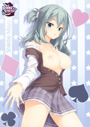 Rule 34 | 1girl, absurdres, beads, blue background, breasts, brown vest, buttons, character name, cleavage, collarbone, commentary, copyright name, english commentary, grey skirt, hair beads, hair between eyes, hair ornament, haku89, heart, highres, large breasts, long sleeves, looking at viewer, miniskirt, nipples, open clothes, open hand, open shirt, open vest, plaid, plaid skirt, pleated skirt, raised eyebrows, riddle joker, school uniform, shikibe mayu, shiny skin, shirt, side ponytail, sidelocks, simple background, skirt, solo, standing, star (symbol), striped, striped background, vest, white shirt, yuzu-soft