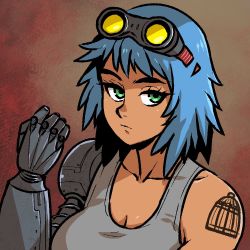 Rule 34 | 1girl, akairiot, blue hair, breasts, brown background, cleavage, collarbone, commission, goggles, goggles on head, gradient background, green eyes, grey tank top, looking at viewer, mechanical arms, medium hair, original, single mechanical arm, solo, tank top, tattoo