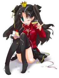 Rule 34 | 00s, 1girl, aqua eyes, black hair, black thighhighs, cake, crown, fate/stay night, fate (series), female focus, food, fork, glass, hair ribbon, hizuki yayoi, long hair, long legs, looking at viewer, mouth hold, no pupils, one eye closed, pastry, pinky out, ribbon, sitting, skirt, solo, thighhighs, tohsaka rin, two side up, white background, wink