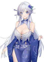 Rule 34 | 1girl, absurdres, blue dress, blue eyes, blue flower, breasts, chinese commentary, cleavage, closed mouth, commentary request, commission, copyright request, detached sleeves, dress, flower, hair ornament, hairpin, highres, large breasts, long hair, looking at viewer, luozhou pile, mole, mole under eye, pixiv commission, see-through, side slit, silver hair, simple background, solo, standing, very long hair, white background, wide sleeves