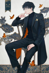 Rule 34 | 1boy, black coat, black footwear, black hair, black pants, black socks, black sweater, bug, butterfly, chair, coat, commentary request, finger to own chin, floral background, flower, foot out of frame, formal, glasses, grey eyes, insect, long sleeves, looking to the side, male focus, orange butterfly, orange coat, original, pants, short hair, sitting, socks, solo, suda ayaka, suit, sweater, thinking, turtleneck, two-sided coat, two-sided fabric