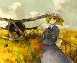 Rule 34 | 1girl, aircraft, airplane, back bow, black eyes, blonde hair, blue dress, bow, cloud, commentary, day, dress, field, hat, highres, holding, holding rock, kaigen 1025, long sleeves, looking at viewer, maribel hearn, mob cap, outdoors, rock, short hair, solo, touhou, upper body, white hat, wind
