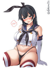 Rule 34 | 1girl, agano (kancolle), aqua eyes, black hairband, black panties, black pubic hair, blush, breasts, closed mouth, commentary request, cosplay, cowboy shot, crop top, cropped legs, ebifurya, elbow gloves, female pubic hair, frown, gloves, hairband, highleg, highleg panties, highres, kantai collection, large breasts, long hair, looking at viewer, navel, no pants, one-hour drawing challenge, open mouth, panties, plump, pubic hair, sailor collar, school uniform, serafuku, shimakaze (kancolle), shimakaze (kancolle) (cosplay), spoken blush, stomach, striped clothes, striped thighhighs, thighhighs, thighs, thong, twitter username, underwear, white background, white gloves
