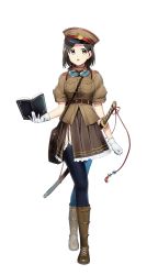 Rule 34 | 1girl, :o, akechi shizuku, asymmetrical bangs, bag, black thighhighs, book, boots, breast pocket, breasts, brown eyes, brown footwear, brown hair, brown skirt, formation girls, full body, garter straps, gloves, goggles, goggles around neck, hat, highres, holding, holding book, katana, large breasts, looking at viewer, looking to the side, military, military hat, military uniform, official art, otoizumi shuri, peaked cap, pleated skirt, pocket, sheath, sheathed, short hair, skirt, solo, standing, sword, thighhighs, transparent background, uniform, weapon, white gloves
