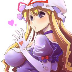 Rule 34 | 1girl, blonde hair, blush, breasts, choker, close-up, dress, elbow gloves, covered erect nipples, from side, gloves, hat, hat ribbon, heart, heart-shaped pupils, large breasts, long hair, looking at viewer, looking back, purple dress, purple eyes, ribbon, solo, symbol-shaped pupils, touhou, uni mate, white background, yakumo yukari