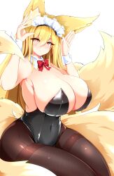 1girl absurdres animal_ear_fluff animal_ears blonde_hair breasts cleavage covered_navel cowboy_shot fox_ears fox_girl fox_tail hair_between_eyes highres hirume_of_heavenly_incense huge_breasts kitsune kyuubi last_origin leotard leqz5945 long_hair looking_at_viewer maid_headdress multiple_tails pantyhose playboy_bunny rabbit_pose sitting skindentation solo tail thighband_pantyhose very_long_hair yellow_eyes