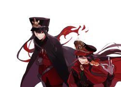 Rule 34 | 1boy, 1girl, black cape, black hair, black pants, brother and sister, cape, closed eyes, closed mouth, commentary request, eating, family crest, fate/grand order, fate (series), food, frown, gloves, grey gloves, hair between eyes, hat, holding, holding food, jacket, long hair, long sleeves, looking at another, multicolored hair, oda nobukatsu (fate), oda nobunaga (fate), oda nobunaga (koha-ace), oda uri, pants, peaked cap, ponytail, red cape, red eyes, red hair, red jacket, sakamoto bin, siblings, sidelocks, simple background, two-tone hair, upper body, very long hair, weapon, white background, white gloves