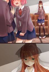 Rule 34 | 4girls, arm rest, black legwear, blazer, blue skirt, blush, bow, breasts, brown hair, check commentary, classroom, clenched hands, closed mouth, collared shirt, comic, commentary, commentary request, day, doki doki literature club, eba games, frown, green eyes, hair between eyes, hair bow, highres, indoors, jacket, long hair, long sleeves, looking at viewer, monika (doki doki literature club), multiple girls, natsuki (doki doki literature club), neck ribbon, open mouth, pink hair, pleated skirt, ponytail, purple hair, ribbon, round teeth, sayori (doki doki literature club), school, school uniform, shaded face, shirt, shoes, sidelocks, skirt, standing, teeth, thighhighs, uwabaki, white footwear, white shirt, wing collar, yuri (doki doki literature club), zettai ryouiki