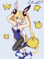 Rule 34 | 1girl, absurdly long hair, animal ears, arms up, artist name, bare shoulders, black footwear, black gloves, black pantyhose, blonde hair, blue leotard, breasts, closed mouth, commentary, dated, detached collar, dokibird (vtuber), dragoon (dokibird), english commentary, fake animal ears, fake tail, fingerless gloves, foot up, full body, gloves, green eyes, grey background, hair between eyes, high heels, highres, indie virtual youtuber, leotard, lilirulu, long hair, looking at viewer, one eye closed, pantyhose, playboy bunny, rabbit ears, rabbit pose, rabbit tail, sidelocks, simple background, single leg pantyhose, small breasts, smile, solo, standing, standing on one leg, strapless, strapless leotard, tail, tongue, tongue out, twintails, very long hair, virtual youtuber, yellow bird