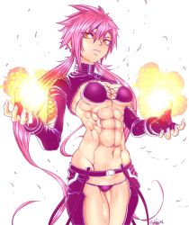 Rule 34 | 1girl, abs, angry, breasts, female focus, fire, highres, muscular, navel, pink hair, solo, yellow eyes, zippedsquire