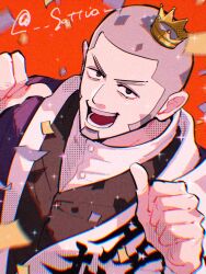 Rule 34 | 1boy, abunaideka, beard, black jacket, buttons, buzz cut, commentary request, confetti, crown, facial hair, from above, golden kamuy, highres, jacket, long sleeves, looking at viewer, male focus, mini crown, pointing, pointing at self, shiraishi yoshitake, short hair, sideburns, simple background, solo, twitter username, very short hair