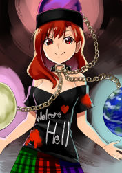 Rule 34 | 1girl, abe ranzu, bare shoulders, chain, clothes writing, collar, earth (planet), hecatia lapislazuli, multicolored clothes, multicolored skirt, planet, red eyes, red hair, shirt, skirt, solo, t-shirt, touhou