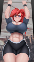 Rule 34 | 1girl, abs, absurdres, blue eyes, breasts, cleavage, curvy, freckles, gym, highres, large breasts, muscular, muscular female, original, ponytail, red hair, shorts, solo, sports bra, sportswear, sweatdrop, teeth, thick thighs, thighs, wide hips, workout clothes, wristband, zask