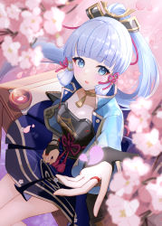 Rule 34 | 1girl, ayaka (genshin impact), blue eyes, blue hair, blue jacket, blue skirt, blunt bangs, blush, bridal gauntlets, cherry blossoms, chinese knot, commentary request, feet out of frame, foreshortening, from above, genshin impact, hair ornament, highres, jacket, light blue hair, long hair, long sleeves, looking at viewer, mole, mole under eye, open clothes, open jacket, open mouth, petals, ponytail, reaching, reaching towards viewer, sitting, skirt, solo, tassel choker, tyenka7728, wide sleeves