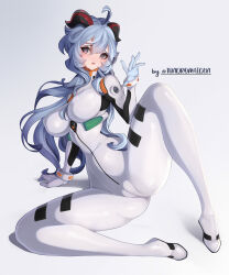 Rule 34 | 1girl, absurdres, ahoge, ayanami rei, ayanami rei (cosplay), blue hair, blush, bodysuit, breasts, cameltoe, cosplay, covered erect nipples, ganyu (genshin impact), genshin impact, hairpods, highres, horns, long hair, looking at viewer, low ponytail, medium breasts, neon genesis evangelion, parted lips, plugsuit, purple eyes, sidelocks, solo, standing, tundromaiden, white background, white bodysuit