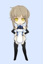 Rule 34 | 1girl, amane suzuha, blonde hair, braid, chibi, female focus, full body, hands on own hips, maid, open mouth, simple background, solo, steins;gate, thighhighs, twin braids, yellow eyes