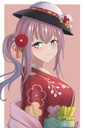Rule 34 | 1girl, aqua eyes, ar-57 (girls&#039; frontline), ar-57 (with the three friends of winter) (girls&#039; frontline), bakkasu150, blush, breasts, closed mouth, girls&#039; frontline, hair ornament, hairclip, happy new year, highres, japanese clothes, kimono, long hair, looking at viewer, new year, official alternate costume, pink hair, side ponytail, simple background, smile, solo, upper body, white headwear