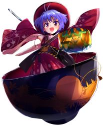 Rule 34 | 1girl, :d, absurdres, antenna hair, armpits, bad id, bad twitter id, blue hair, blush, bowl, bowl hat, detached sleeves, floral print, full body, hat, highres, japanese clothes, kimono, long sleeves, looking at viewer, mini person, minigirl, miracle mallet, needle, obi, open mouth, purple eyes, sash, short hair, smile, solo, string, sukuna shinmyoumaru, touhou, wide sleeves, zuwatake