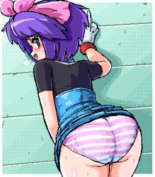 Rule 34 | 1girl, against wall, ass, bent over, blue eyes, bow, breath, clothes lift, creatures (company), dress, dress lift, game freak, gloves, gluteal fold, hair bow, kelly (pokemon), konpeto, looking at viewer, looking back, lowres, nintendo, oekaki, panties, pokemon, pokemon (anime), pokemon rse (anime), presenting, short hair, solo, striped clothes, striped panties, sweat, underwear