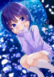 Rule 34 | 1girl, blue flower, blue footwear, blush, chinomaron, closed mouth, commentary request, feet out of frame, field, flower, flower field, fuiba fuyu, gochuumon wa usagi desu ka?, hair ornament, hairclip, highres, kneehighs, loafers, long sleeves, looking at viewer, petals, pleated skirt, puffy long sleeves, puffy sleeves, purple eyes, purple hair, purple sweater, sailor collar, school uniform, serafuku, shoes, signature, skirt, sleeves past wrists, smile, socks, solo, squatting, sweater, twitter username, white sailor collar, white skirt, white socks