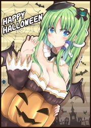 Rule 34 | 1girl, alternate costume, bare shoulders, beige background, black bow, black bowtie, black dress, black hat, blue eyes, blush, bow, bowtie, breasts, claw pose, cleavage, commentary request, demon wings, detached collar, detached sleeves, dress, frog hair ornament, fule, green hair, hair between eyes, hair bow, hair ornament, hair tubes, halloween, hand up, happy halloween, hat, highres, jack-o&#039;-lantern, kochiya sanae, large breasts, long hair, long sleeves, mini hat, one side up, sidelocks, silk, snake hair ornament, solo, spider web, strapless, strapless dress, striped, striped background, touhou, wide sleeves, wings, witch hat
