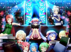 Rule 34 | 6+girls, :&lt;, = =, ^ ^, ascot, bare legs, barefoot, blonde hair, blue eyes, blue hair, book, bookshelf, braid, child, cirno, closed eyes, couch, crescent, cup, daiyousei, drooling, embodiment of scarlet devil, english text, engrish text, everyone, flandre scarlet, green hair, grey hair, hair ribbon, hat, head wings, highres, hong meiling, izayoi sakuya, kitamuraeri, koakuma, library, long hair, maid, maid headdress, multiple girls, nose bubble, open book, open mouth, patchouli knowledge, purple hair, ranguage, reading, red eyes, red hair, remilia scarlet, ribbon, rumia, short hair, side ponytail, sleeping, stained glass, star-shaped pupils, star (symbol), symbol-shaped pupils, teacup, teapot, touhou, twin braids, very long hair, voile, wings