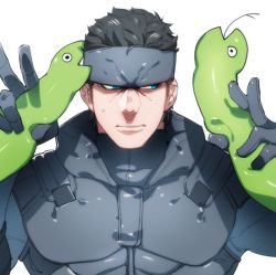 Rule 34 | 1boy, bara, double v, headband, looking to the side, male focus, metal gear (series), metal gear solid, muscular, norasame (dagako), sexually suggestive, sneaking suit, solid snake, solo, sweat, tagme, v