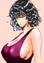 Rule 34 | 1girl, black hair, breasts, cleavage, fubuki (one-punch man), green eyes, highres, large breasts, looking at viewer, no bra, one-punch man, parted lips, seductive gaze, seductive smile, short hair, sideboob, smile, solo, tank top