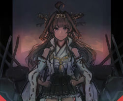 Rule 34 | 1girl, :3, absurdres, ahoge, breasts, brown hair, closed mouth, commentary, detached sleeves, double bun, frilled skirt, frills, hair bun, hands on own hips, headgear, highres, japanese clothes, kantai collection, kongou (kancolle), kongou kai ni (kancolle), long hair, looking at viewer, medium breasts, moor, popped collar, purple eyes, ribbon-trimmed sleeves, ribbon trim, rigging, simple background, skirt, solo, wide sleeves