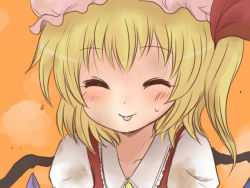 Rule 34 | 1girl, :p, blonde hair, blush, closed eyes, dirty, female focus, flandre scarlet, orange background, short hair, side ponytail, smile, solo, tongue, tongue out, toto (hitori othello), touhou, upper body, wings