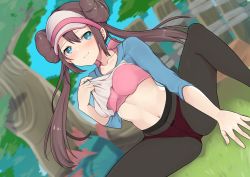 Rule 34 | 1girl, black pantyhose, blue eyes, blush, bow, bra, brown hair, closed mouth, clothes lift, collarbone, commentary request, creatures (company), day, double bun, floating hair, game freak, grass, hair bun, highres, lifted by self, long hair, looking to the side, navel, nintendo, obybuss, outdoors, panties, pantyhose, pink bow, pink bra, pokemon, pokemon bw2, rosa (pokemon), shirt lift, sidelocks, sitting, sleeves past elbows, solo, sports bra, spread legs, tree, twintails, underwear