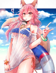 Rule 34 | 1girl, absurdres, animal ear fluff, animal ears, between breasts, bikini, blue bikini, blue sky, blush, breasts, bubble tea, bubble tea challenge, cleavage, cloud, cloudy sky, collarbone, cup, disposable cup, drink, drinking, drinking straw, fate/grand order, fate (series), fox ears, fox girl, fox shadow puppet, fox tail, highres, innertube, large breasts, long hair, looking at viewer, md5 mismatch, meme, object on breast, ocean, pink hair, resolution mismatch, shirt, side-tie bikini bottom, sky, solo, source larger, star-shaped pupils, star (symbol), sun, swim ring, swimsuit, symbol-shaped pupils, tail, tamamo (fate), tamamo no mae (fate/extra), tamamo no mae (swimsuit lancer) (fate), tamamo no mae (swimsuit lancer) (second ascension) (fate), wet, wet clothes, wet shirt, yazuishou ray, yellow eyes