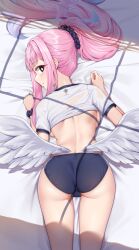 Rule 34 | 1girl, alternate costume, alternate hairstyle, angel wings, ass, back, bare back, bed, bed sheet, black buruma, black eyes, blue archive, blunt bangs, buruma, commentary request, feathered wings, from behind, gradient hair, gym uniform, hair ornament, hair scrunchie, halo, highres, long hair, looking at viewer, looking back, lying, matrix16, mika (blue archive), multicolored hair, on stomach, pink hair, ponytail, profile, scrunchie, shirt, short sleeves, sidelocks, simple background, smile, solo, two-tone hair, white shirt, white wings, wings, wrist scrunchie