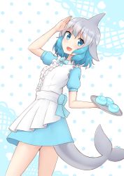 Rule 34 | 1girl, :d, absurdres, alternate costume, blue eyes, blue hair, center frills, cetacean tail, commentary, common bottlenose dolphin (kemono friends), dorsal fin, dress, fins, fish tail, food, frills, grey hair, highres, japari bun, kemono friends, looking at viewer, medium hair, multicolored hair, open mouth, salute, shiraha maru, short sleeves, simple background, smile, solo, tail, tray, two-tone hair