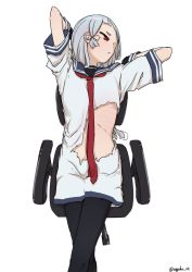 Rule 34 | 10s, 1girl, arms behind head, bad id, bad pixiv id, black pantyhose, blue hair, blush, chair, dress, enoshito, gloves, kantai collection, long hair, murakumo (kancolle), necktie, pantyhose, red eyes, ribs, sailor dress, sidelocks, simple background, sitting, solo, torn clothes, twitter username, white background