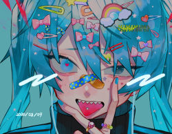 Rule 34 | 1girl, 2020, :p, aqua background, aqua eyes, bags under eyes, bandaid, bandaid on face, bandaid on nose, black jacket, blue eyes, blue hair, blue nails, blue theme, character name, close-up, colorful, commentary request, dated, earbuds, earphones, facepaint, fingernails, furrowed brow, gem, hair between eyes, hair ornament, hair ribbon, hairclip, hairpin, half-closed eye, hand on own chin, hand on own face, hand up, hatsune miku, heart, heart-shaped pupils, heart hair ornament, heterochromia, high collar, jacket, jewelry, light particles, long hair, looking at viewer, nail polish, open mouth, piercing, pink ribbon, polka dot, rainbow hair ornament, ribbon, ring, shaded face, sharp teeth, sidelocks, simple background, solo, star (symbol), star hair ornament, star print, symbol-shaped pupils, teeth, temu (tem27), tongue, tongue out, tongue piercing, track jacket, tsurime, twintails, upper body, vocaloid
